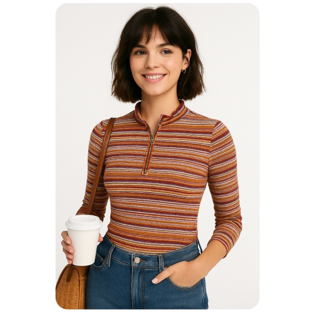 WE THE FREE Striped Long Sleeve Mock Neck Top Multicolor Medium
